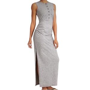 ATHLETA Women Small Grey Striped Ruched Sleeveless Maxi Dress Slit Classic